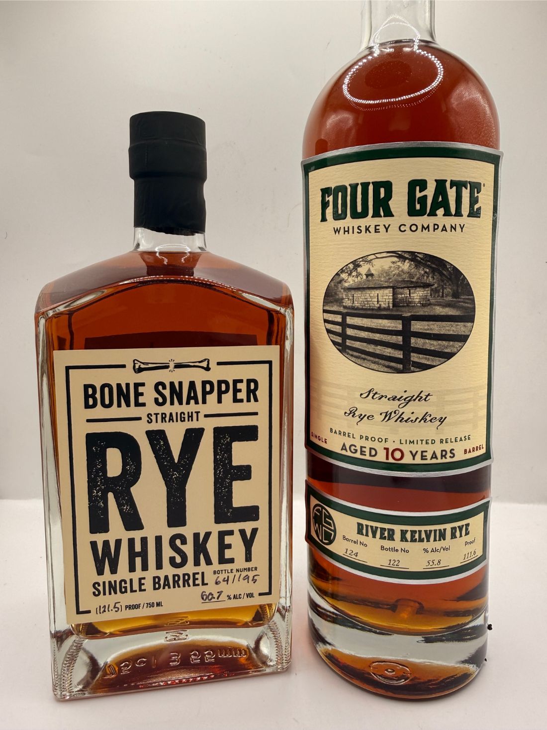 Four Gate 10 year Kelvin Rye and PITCH Bone Snapper Straight Rye Single Barrel