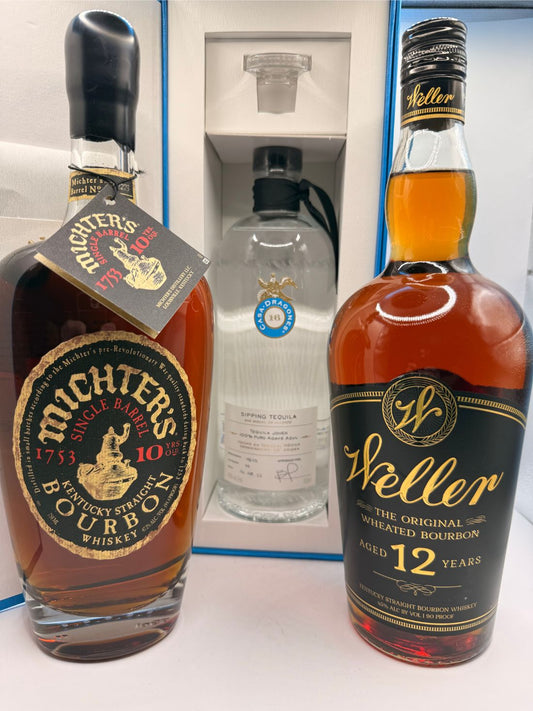 Michter's 10 year Bourbon 2025, Weller 12 year (L), Casa Dragones Extra Anejo Cristalino