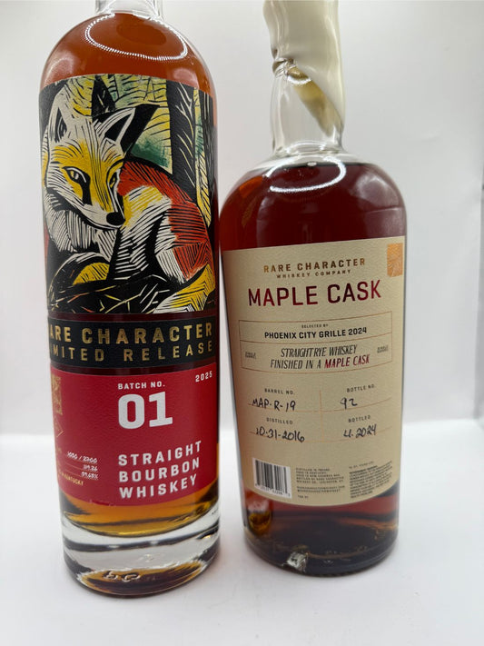 Rare Character 7.5 year Maple finished Rye PCG Single Barrel, Rare Character 2025 Batch 1 Limited Edition Bourbon